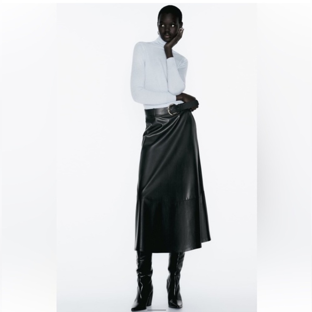 Zara Black Faux Leather Belted Midi Skirt Sz M NWT